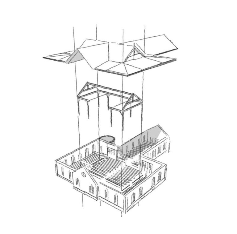 Black and white technical line drawing of exploded view showing architectural systems logic.