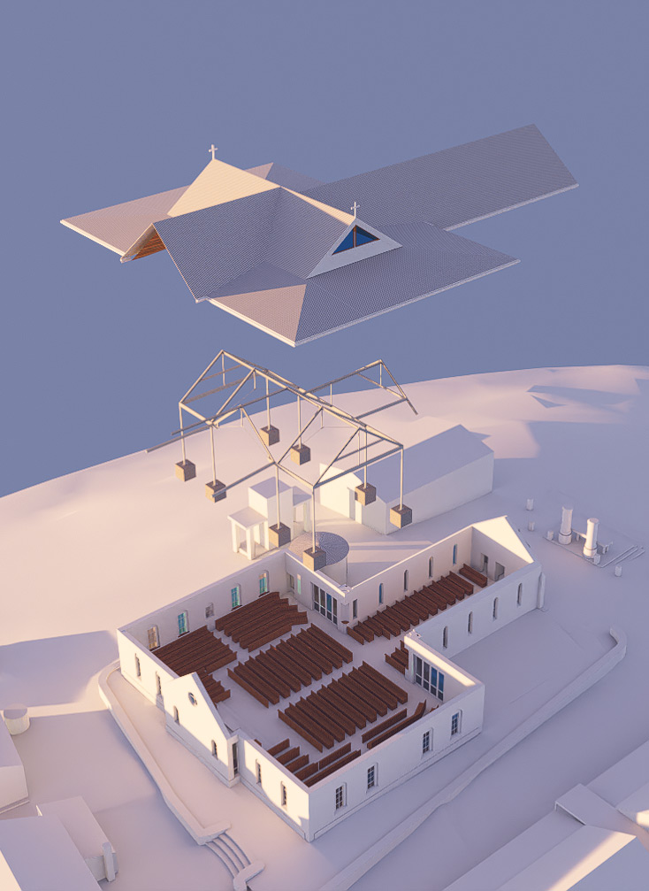 Technical render exploded view of architectural systems composition