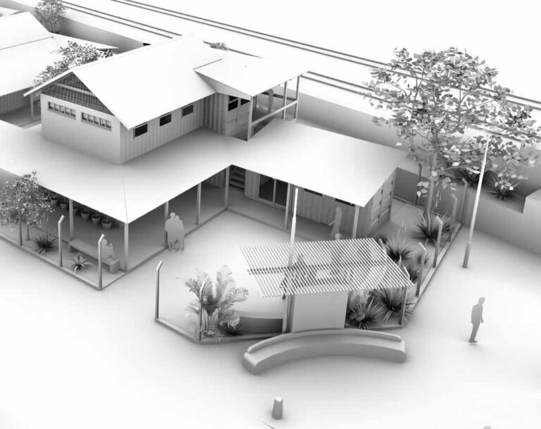 Perspective view of container / veranda architecture with urban interface.